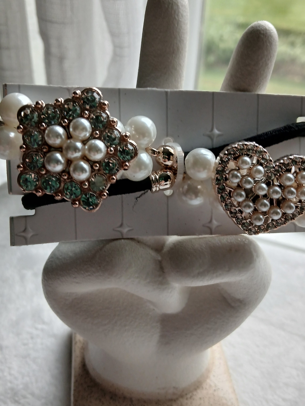 Pearl & Crystal, Heart & Stair Hair Tie Set of 2 - NWT on Card